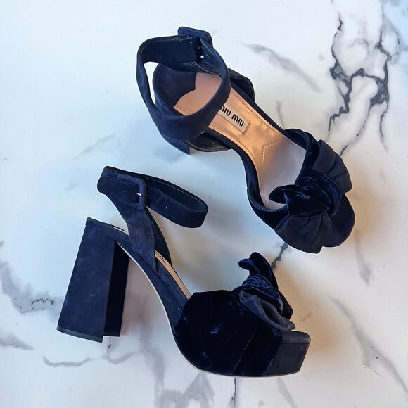 Miu Miu Navy Velvet Platform Sandals Size 37.5 - Picture 1 of 10